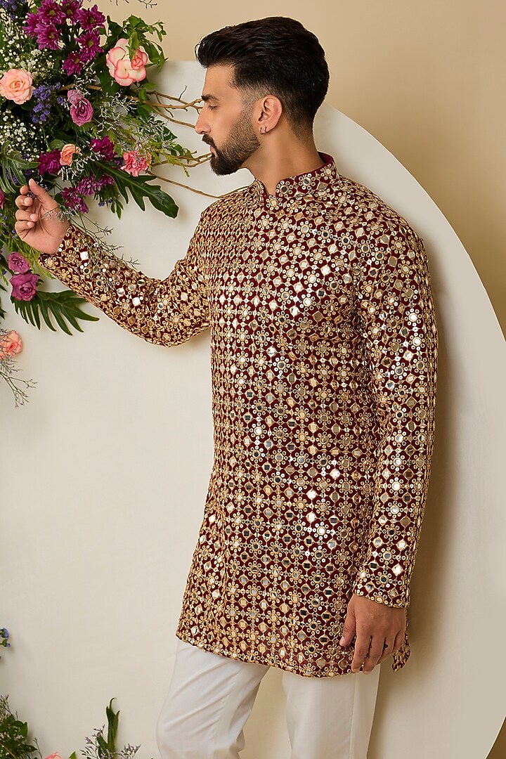 Maroon Georgette Sequin Embroidered Short Kurta by Kasbah Clothing at Pernia's Pop Up Shop