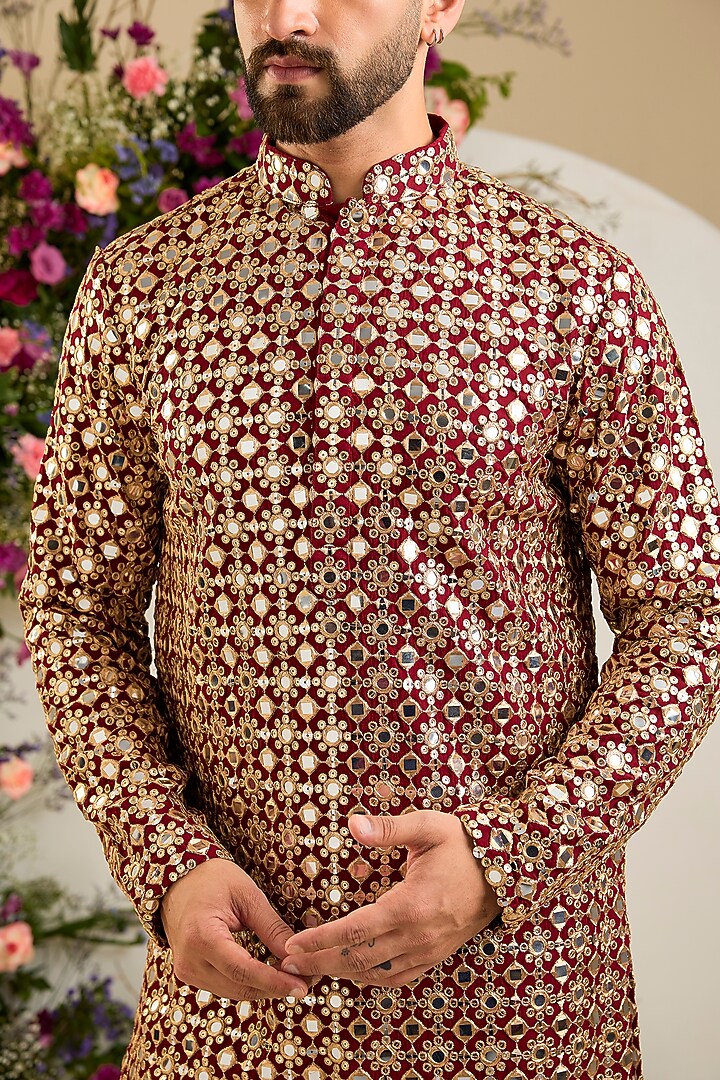Maroon Georgette Sequin Embroidered Short Kurta by Kasbah Clothing at Pernia's Pop Up Shop