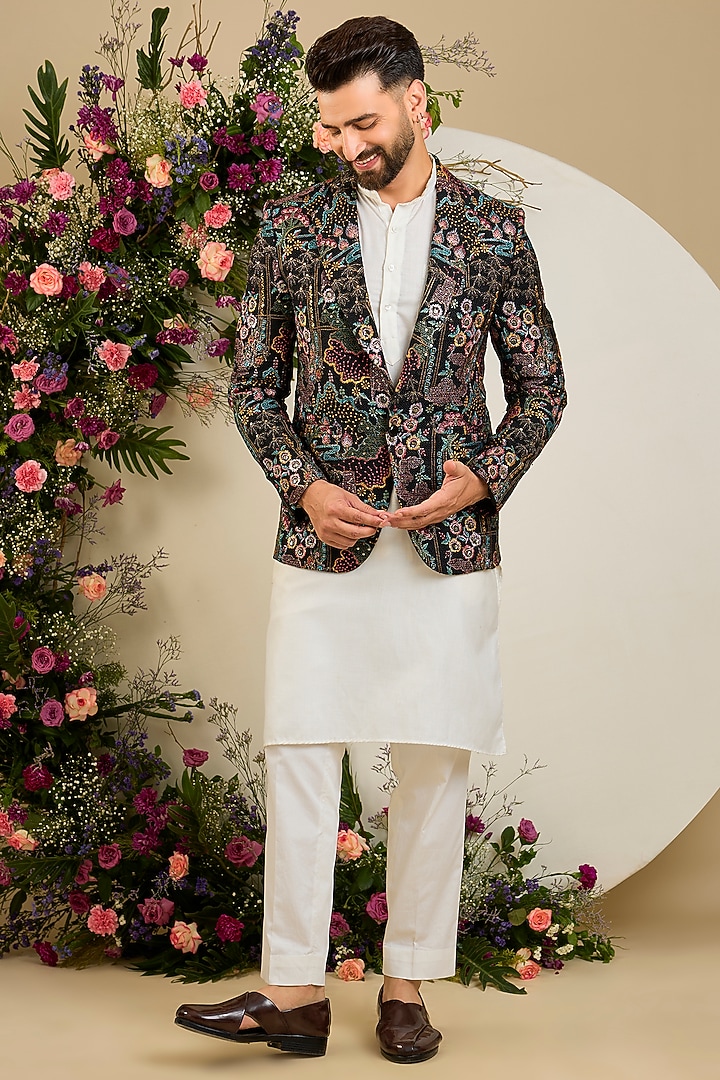 Black Jute Floral & Sequin Embellished Blazer by Kasbah Clothing at Pernia's Pop Up Shop