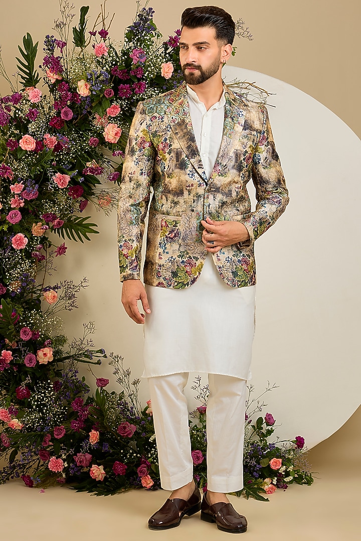 Multi-Colored Tissue Aari Embellished Blazer by Kasbah Clothing at Pernia's Pop Up Shop