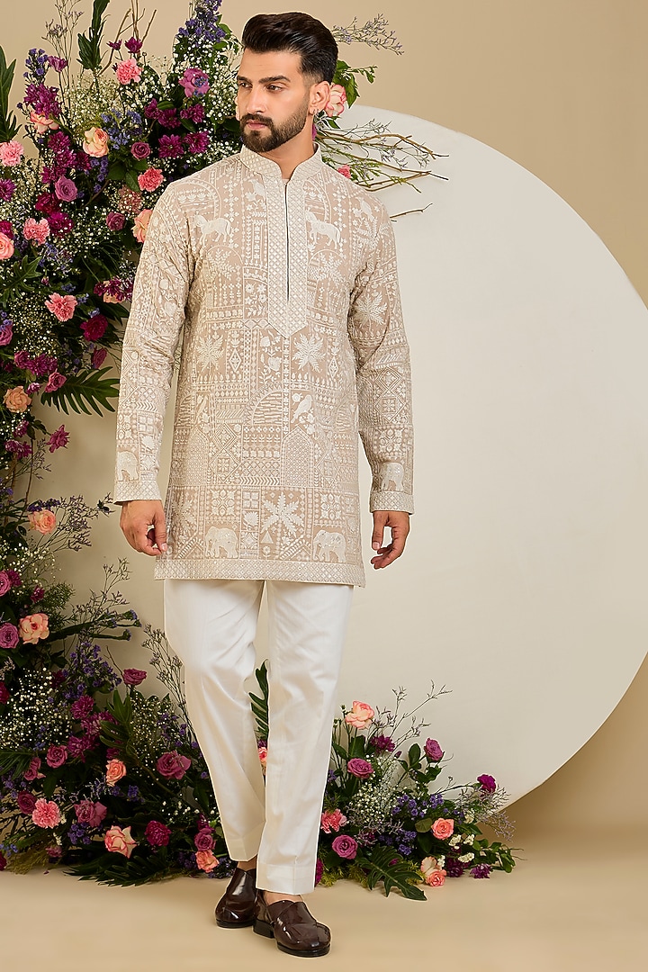 Beige Georgette Floral Embroidered Short Kurta by Kasbah Clothing at Pernia's Pop Up Shop