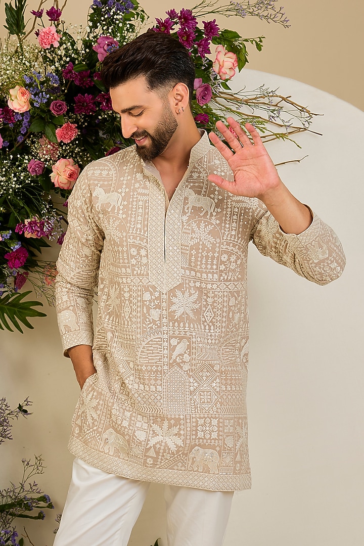 Beige Georgette Floral Embroidered Short Kurta by Kasbah Clothing at Pernia's Pop Up Shop