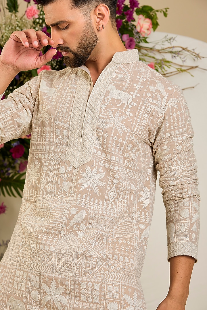 Beige Georgette Floral Embroidered Short Kurta by Kasbah Clothing at Pernia's Pop Up Shop