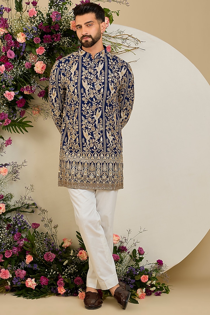 Royal Blue Georgette Sequin Embellished Kurta by Kasbah Clothing at Pernia's Pop Up Shop