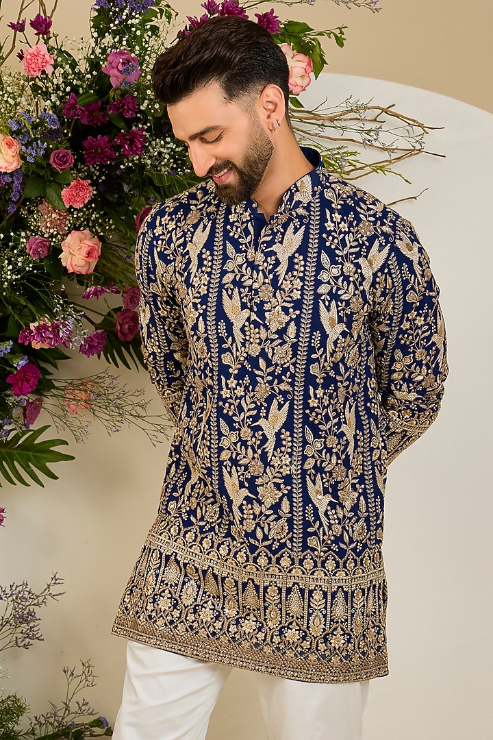 Royal Blue Georgette Sequin Embellished Kurta by Kasbah Clothing at Pernia's Pop Up Shop