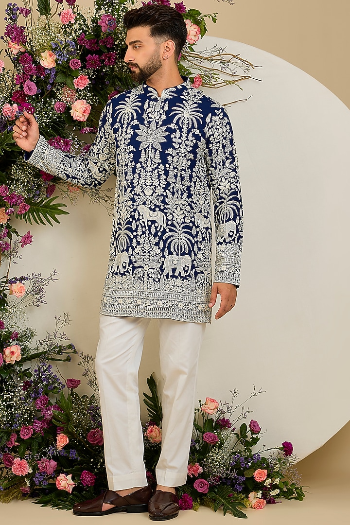 Royal Blue Georgette Sequin Embellished Kurta by Kasbah Clothing at Pernia's Pop Up Shop