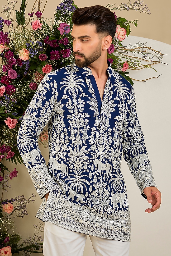 Royal Blue Georgette Sequin Embellished Kurta by Kasbah Clothing at Pernia's Pop Up Shop