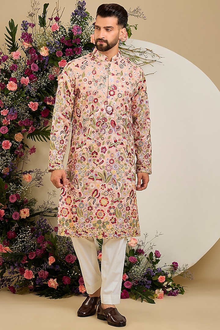 Blush Peach Georgette Sequin Embellished Kurta by Kasbah Clothing at Pernia's Pop Up Shop