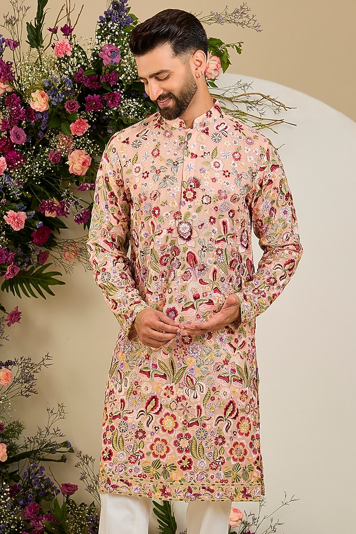 Blush Peach Georgette Sequin Embellished Kurta by Kasbah Clothing at Pernia's Pop Up Shop