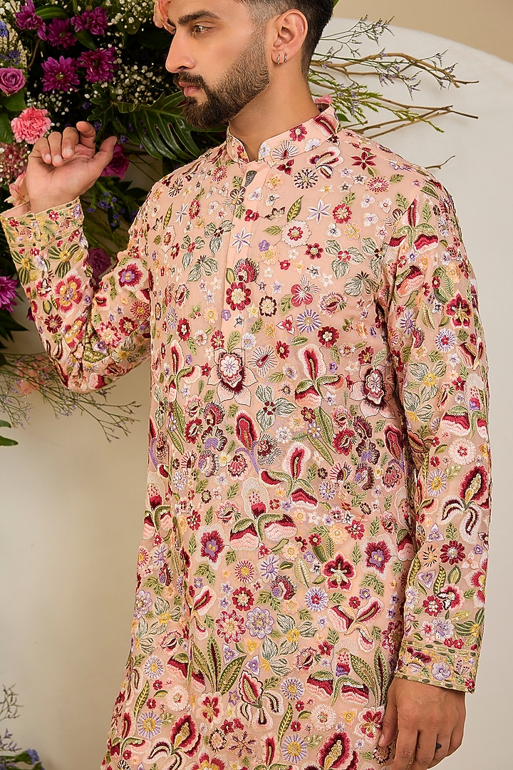 Blush Peach Georgette Sequin Embellished Kurta by Kasbah Clothing at Pernia's Pop Up Shop