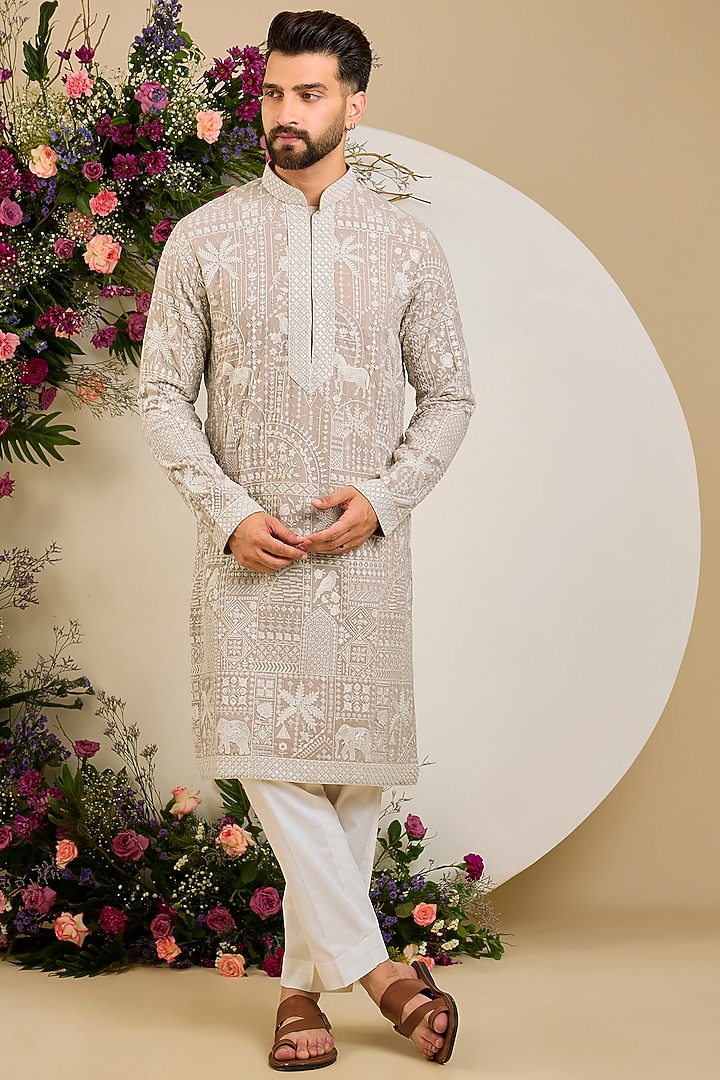 Beige Georgette Floral & Sequin Embellished Kurta by Kasbah Clothing at Pernia's Pop Up Shop