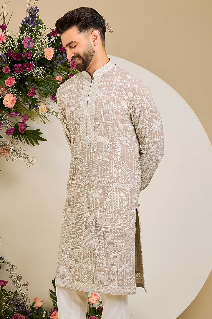 Beige Georgette Floral & Sequin Embellished Kurta by Kasbah Clothing at Pernia's Pop Up Shop