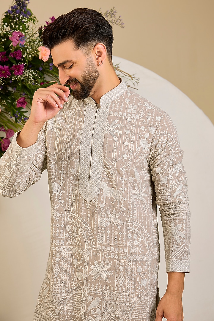 Beige Georgette Floral & Sequin Embellished Kurta by Kasbah Clothing at Pernia's Pop Up Shop