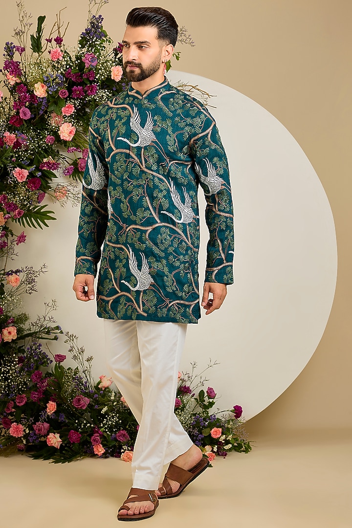 Green Silk Sequin & Thread Embroidered Short Kurta by Kasbah Clothing at Pernia's Pop Up Shop
