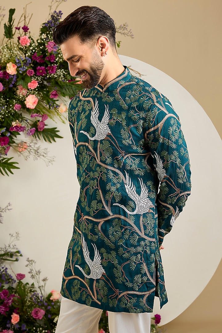 Green Silk Sequin & Thread Embroidered Short Kurta by Kasbah Clothing at Pernia's Pop Up Shop