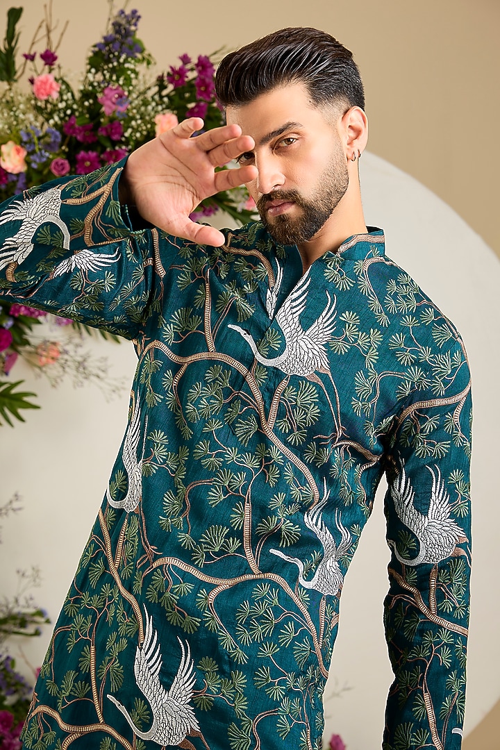 Green Silk Sequin & Thread Embroidered Short Kurta by Kasbah Clothing at Pernia's Pop Up Shop