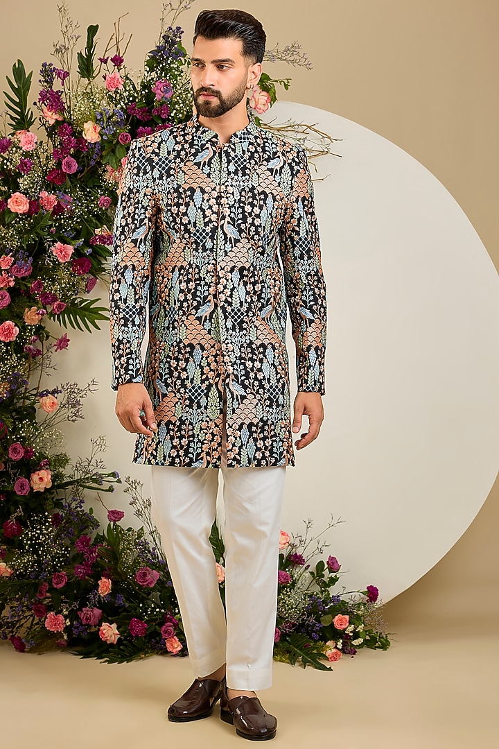 Black Silk Thread & Sequin Embellished Short Wedding Sherwani by Kasbah Clothing at Pernia's Pop Up Shop