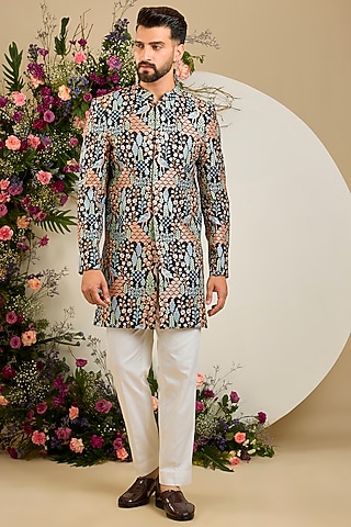 Black Silk Thread & Sequin Embellished Short Sherwani by Kasbah Clothing