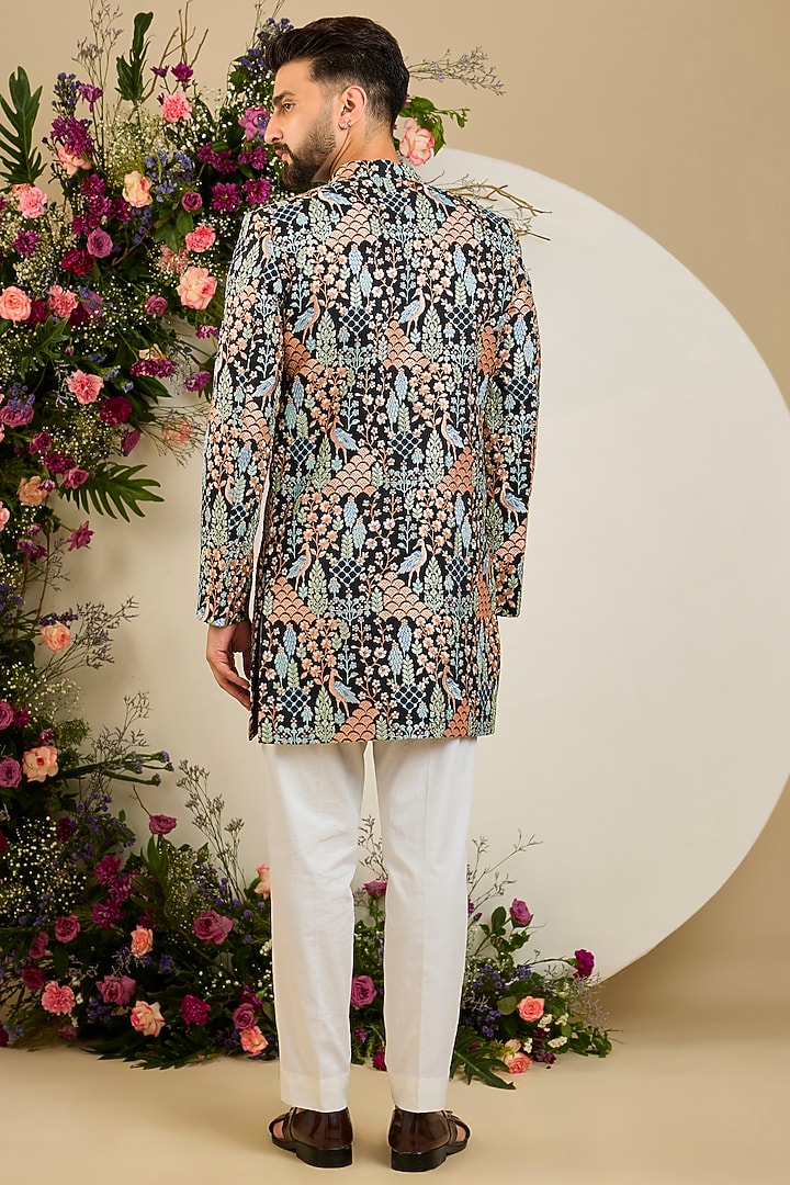 Black Silk Thread & Sequin Embellished Short Wedding Sherwani by Kasbah Clothing at Pernia's Pop Up Shop