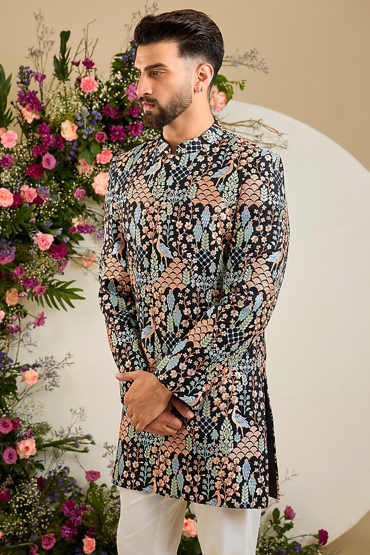 Black Silk Thread & Sequin Embellished Short Wedding Sherwani by Kasbah Clothing at Pernia's Pop Up Shop