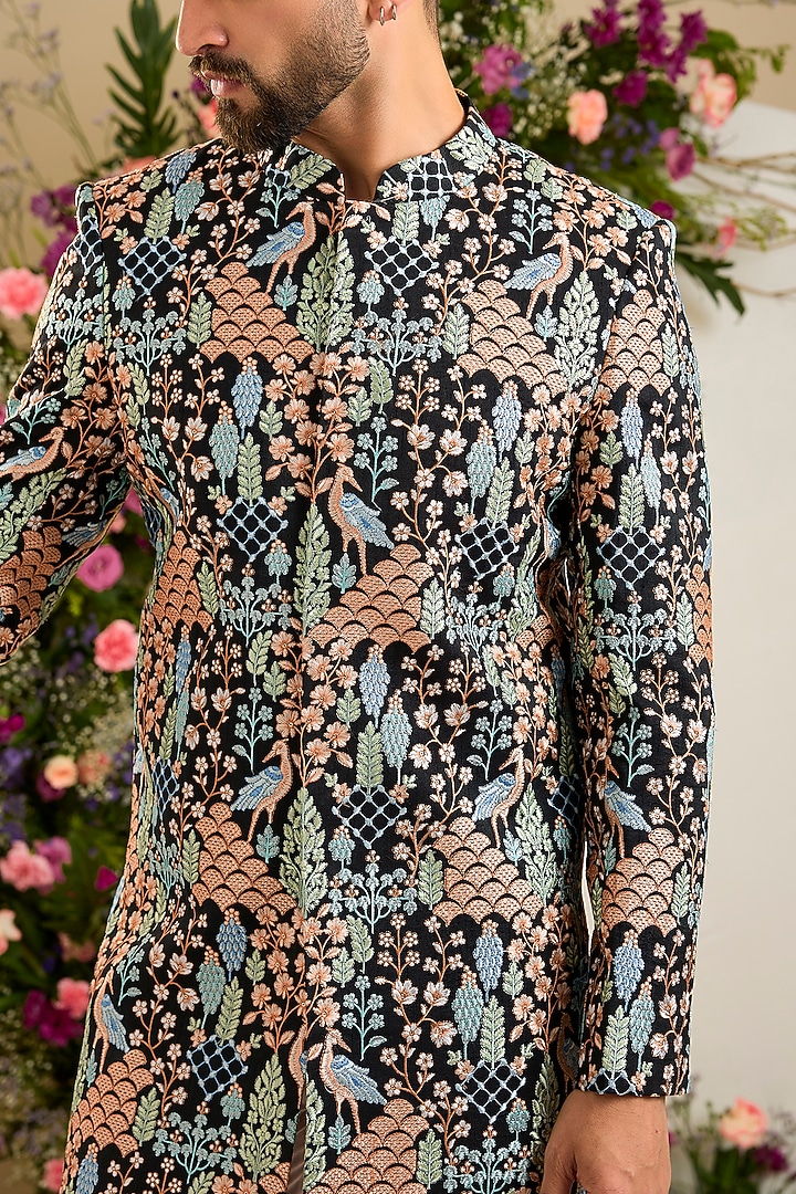 Black Silk Thread & Sequin Embellished Short Wedding Sherwani by Kasbah Clothing at Pernia's Pop Up Shop