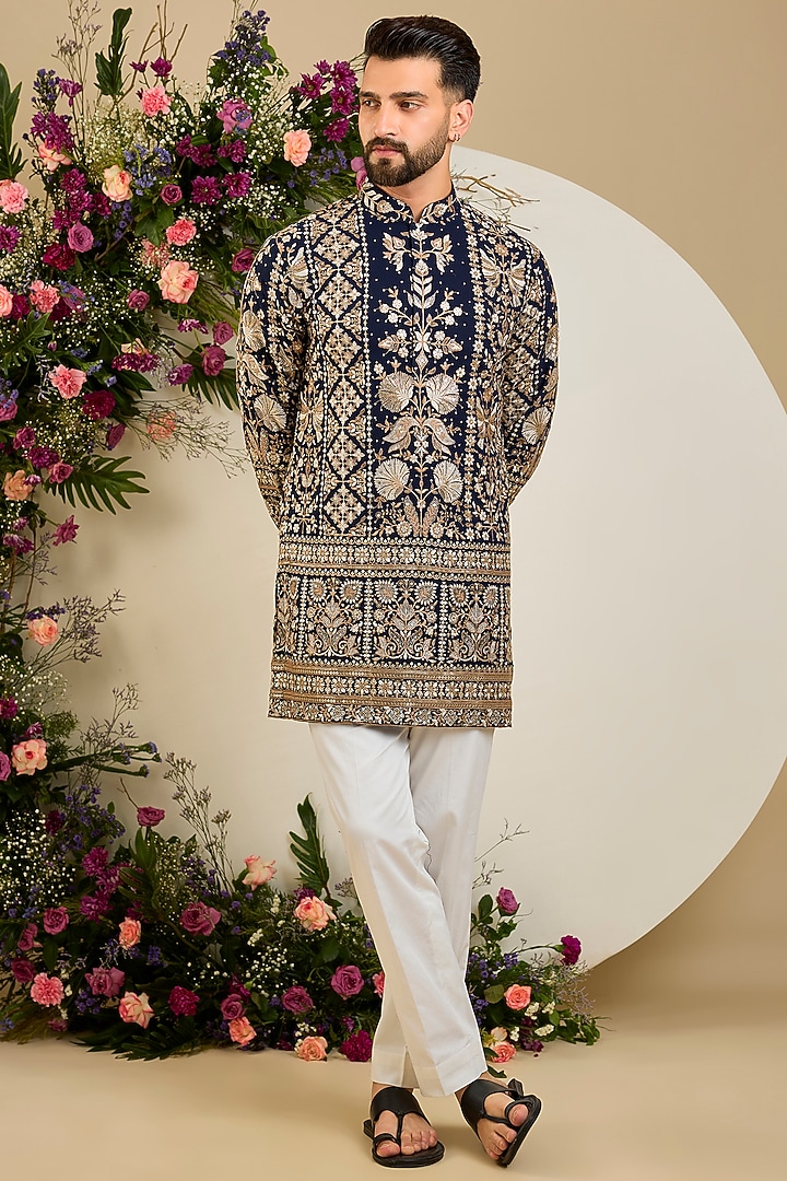 Navy Blue Georgette Zari & Sequin Embellished Kurta by Kasbah Clothing at Pernia's Pop Up Shop