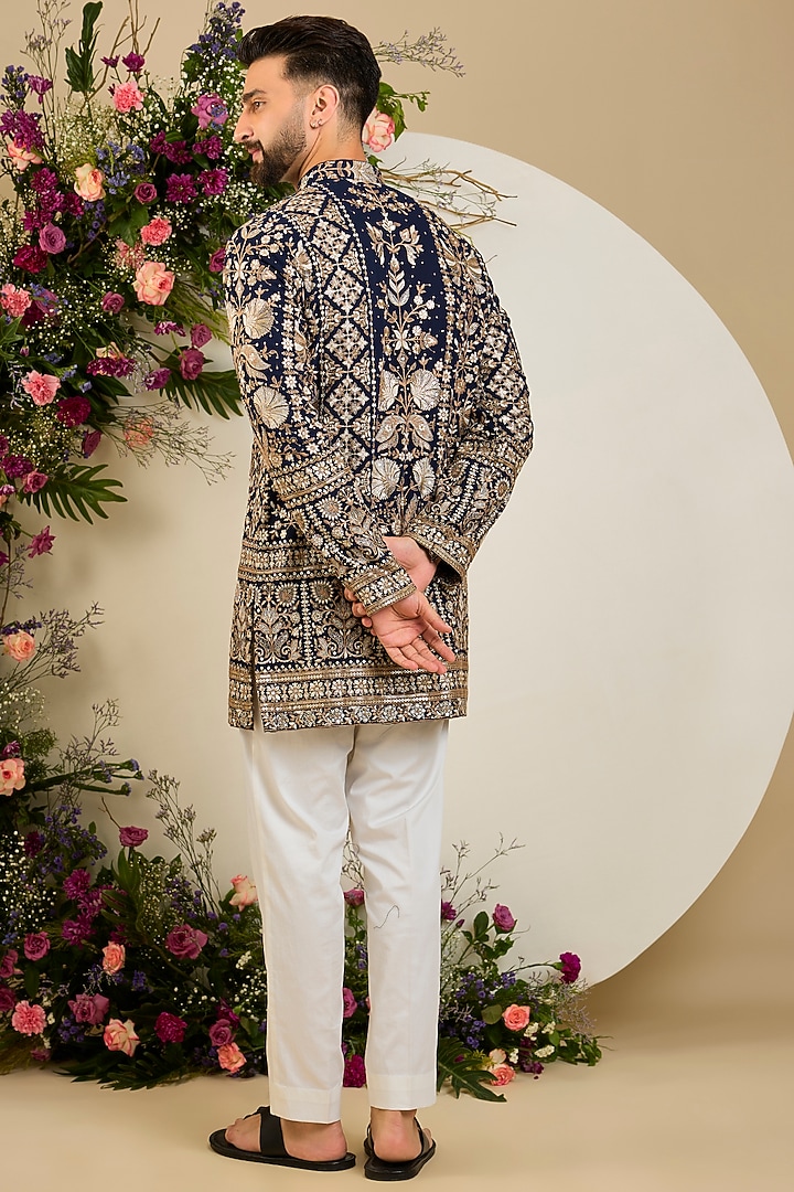 Navy Blue Georgette Zari & Sequin Embellished Kurta by Kasbah Clothing at Pernia's Pop Up Shop