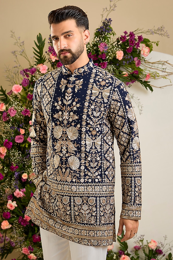 Navy Blue Georgette Zari & Sequin Embellished Kurta by Kasbah Clothing at Pernia's Pop Up Shop