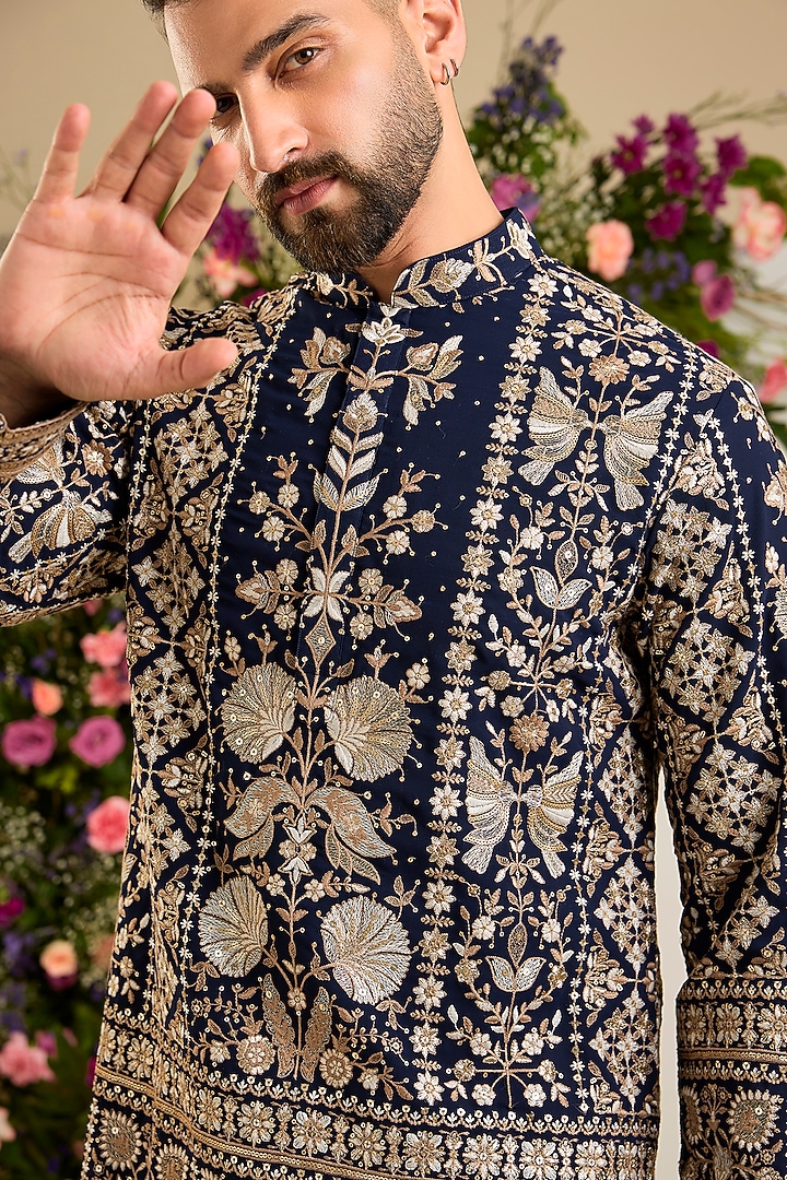 Navy Blue Georgette Zari & Sequin Embellished Kurta by Kasbah Clothing at Pernia's Pop Up Shop