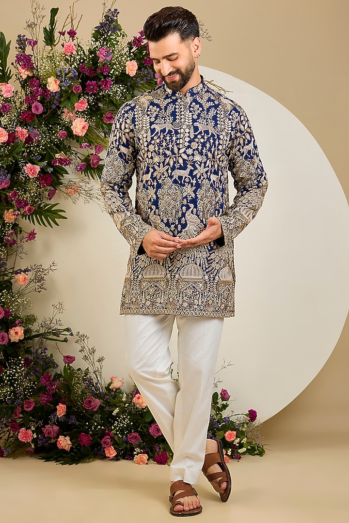 Royal Blue Georgette Zari & Floral Embellished Kurta by Kasbah Clothing at Pernia's Pop Up Shop