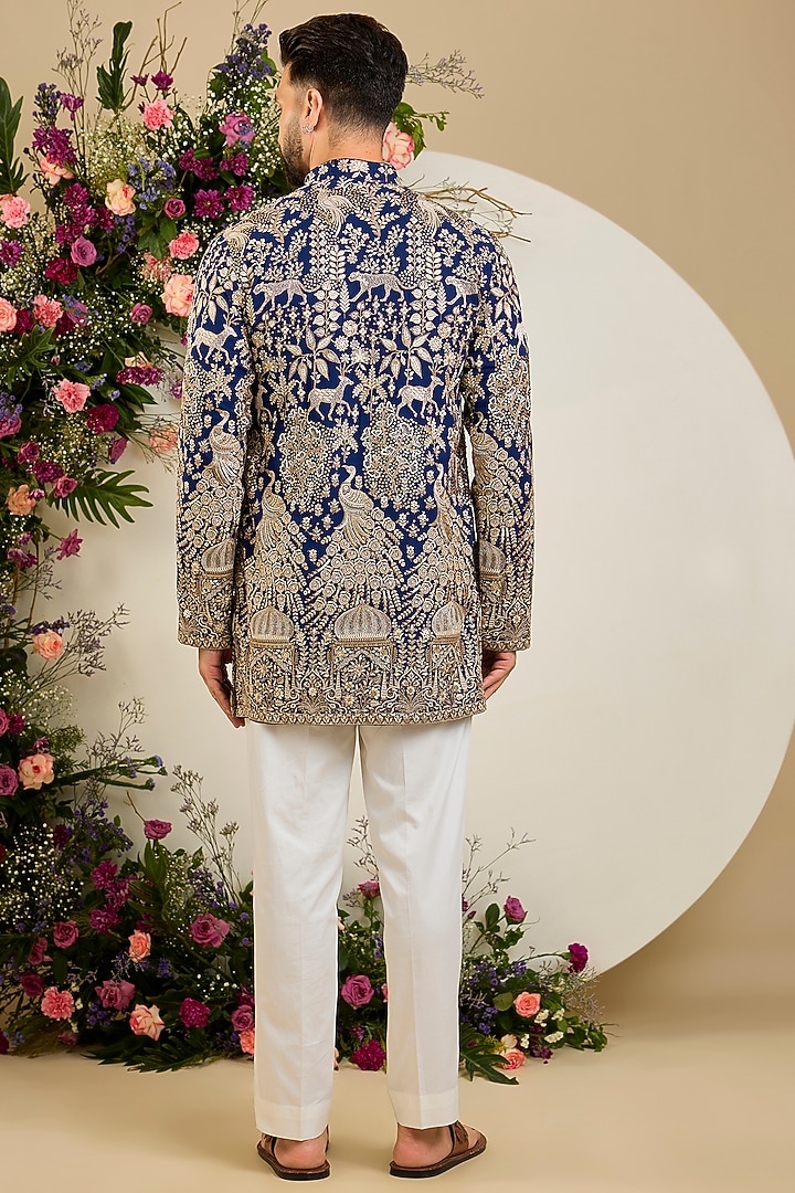 Royal Blue Georgette Zari & Floral Embellished Kurta by Kasbah Clothing at Pernia's Pop Up Shop