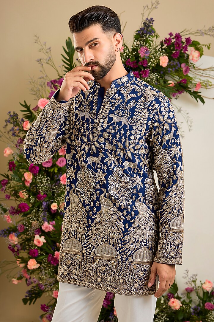 Royal Blue Georgette Zari & Floral Embellished Kurta by Kasbah Clothing at Pernia's Pop Up Shop