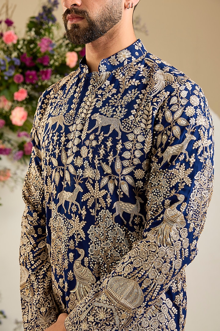 Royal Blue Georgette Zari & Floral Embellished Kurta by Kasbah Clothing at Pernia's Pop Up Shop