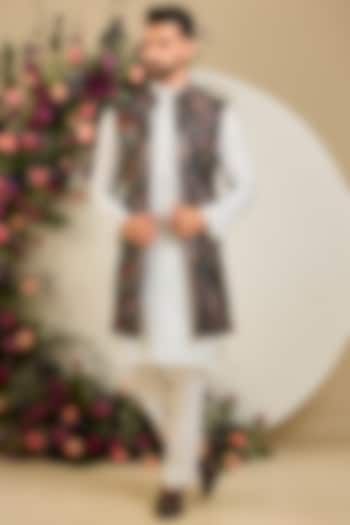 Black Jute Floral Embellished Long Jacket by Kasbah Clothing at Pernia's Pop Up Shop