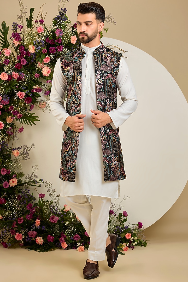Black Jute Floral Embellished Long Jacket by Kasbah Clothing at Pernia's Pop Up Shop