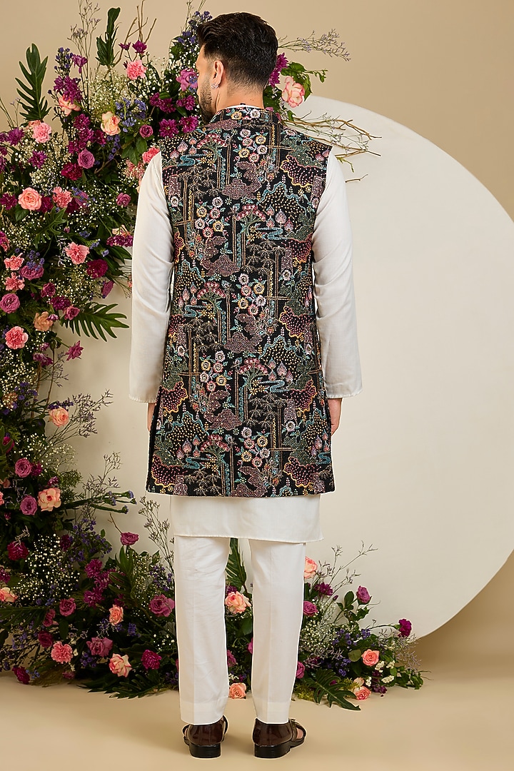 Black Jute Floral Embellished Long Jacket by Kasbah Clothing at Pernia's Pop Up Shop