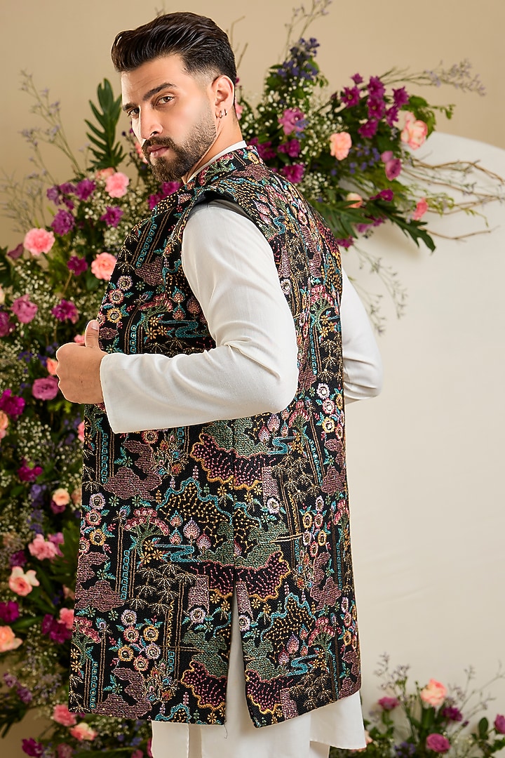 Black Jute Floral Embellished Long Jacket by Kasbah Clothing at Pernia's Pop Up Shop