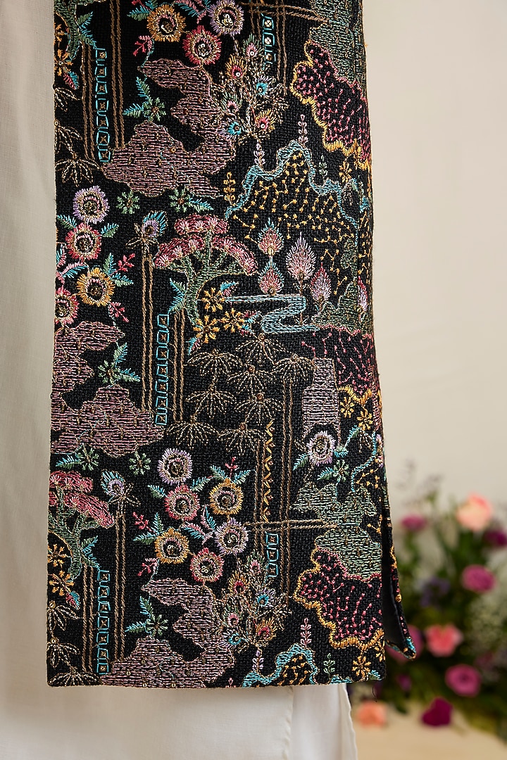 Black Jute Floral Embellished Long Jacket by Kasbah Clothing at Pernia's Pop Up Shop