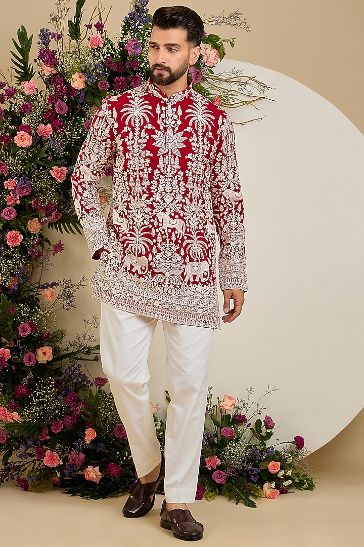Red Georgette Sequin Embellished Kurta by Kasbah Clothing at Pernia's Pop Up Shop