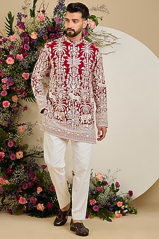 Red Georgette Sequin Embellished Kurta by Kasbah Clothing
