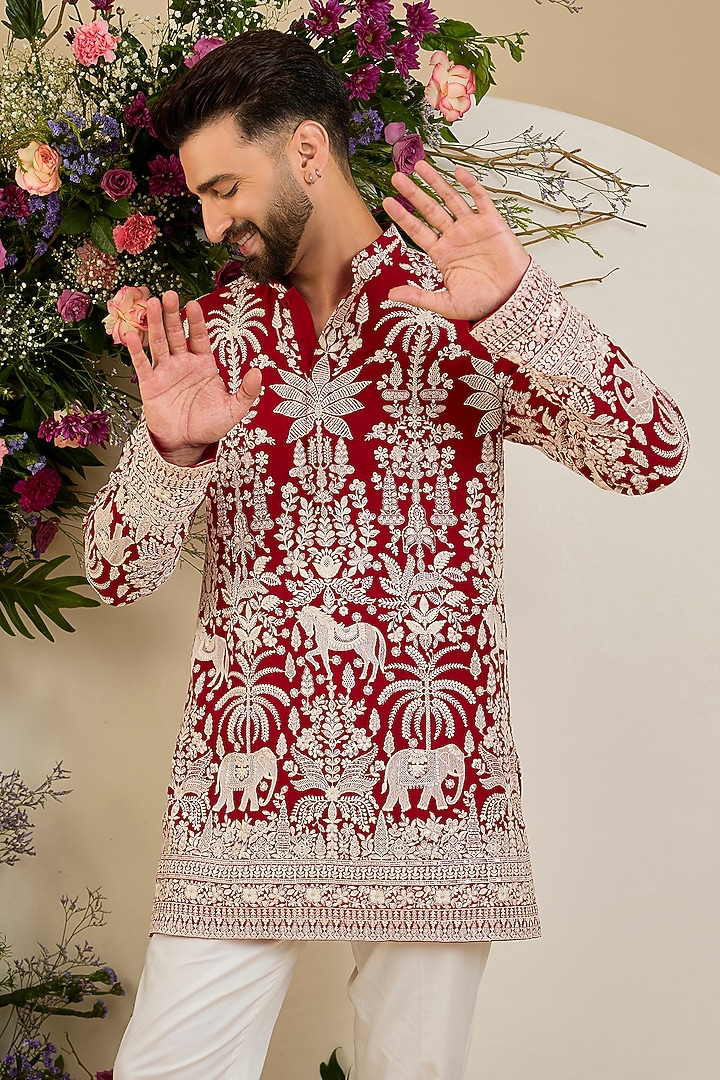 Red Georgette Sequin Embellished Kurta by Kasbah Clothing at Pernia's Pop Up Shop