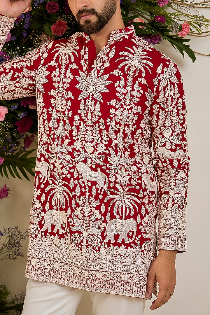 Red Georgette Sequin Embellished Kurta by Kasbah Clothing at Pernia's Pop Up Shop