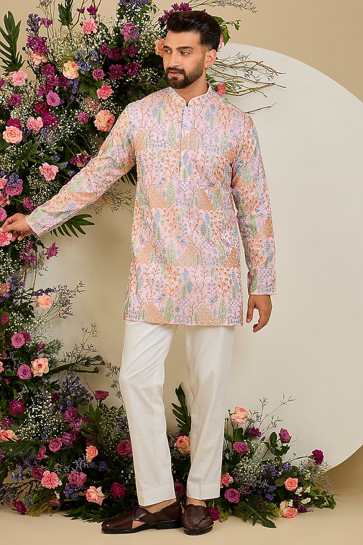 Blush Pink Silk Sequin & Floral Embroidered Kurta by Kasbah Clothing at Pernia's Pop Up Shop
