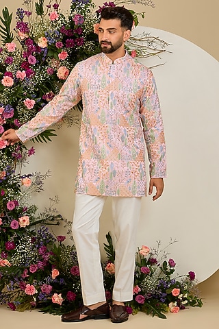 Blush Pink Silk Sequin & Floral Embroidered Kurta by Kasbah Clothing