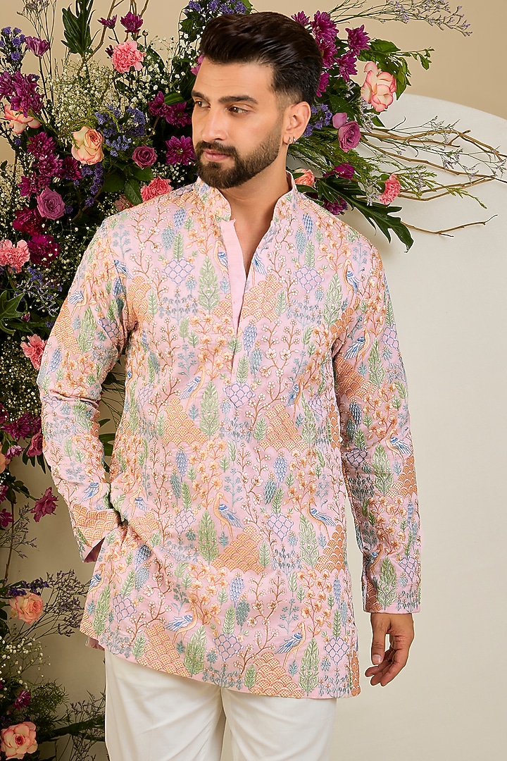Blush Pink Silk Sequin & Floral Embroidered Kurta by Kasbah Clothing at Pernia's Pop Up Shop