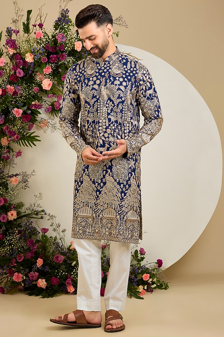 Royal Blue Georgette Sequin Embellished Kurta by Kasbah Clothing at Pernia's Pop Up Shop