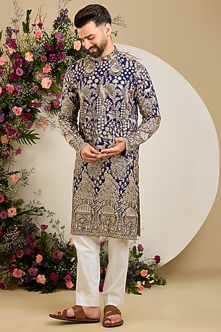 Royal Blue Georgette Sequin Embellished Kurta by Kasbah Clothing