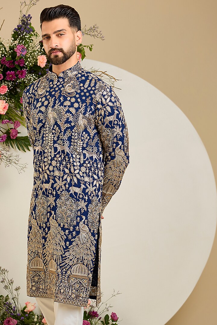 Royal Blue Georgette Sequin Embellished Kurta by Kasbah Clothing at Pernia's Pop Up Shop