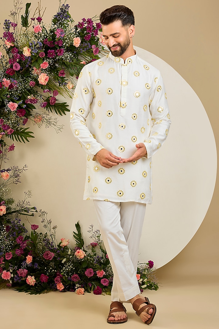 Ivory Silk Sequin Embellished Kurta by Kasbah Clothing at Pernia's Pop Up Shop