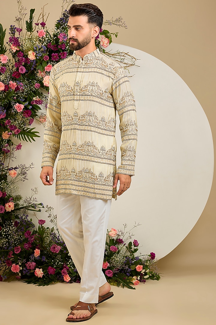 Gold Tissue Cutdana Hand Embellished Kurta by Kasbah Clothing at Pernia's Pop Up Shop